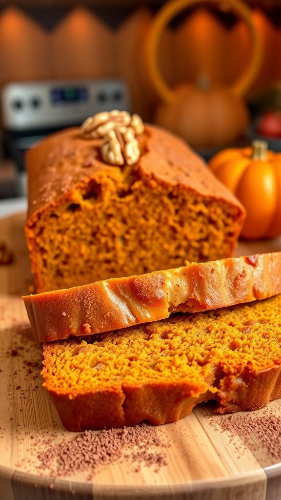 Sliced keto pumpkin bread on a wooden board, garnished with walnuts and cinnamon.